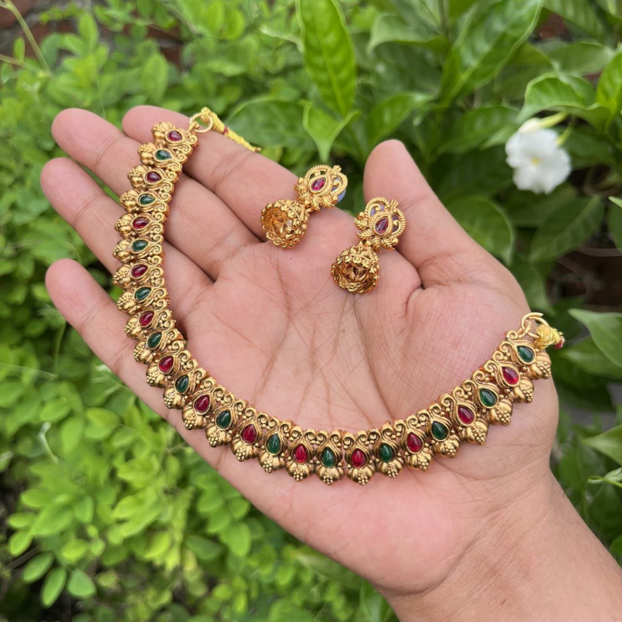 Traditional Kundan-Style Necklace Set – Ethnic Red & Green Stones Jewelry